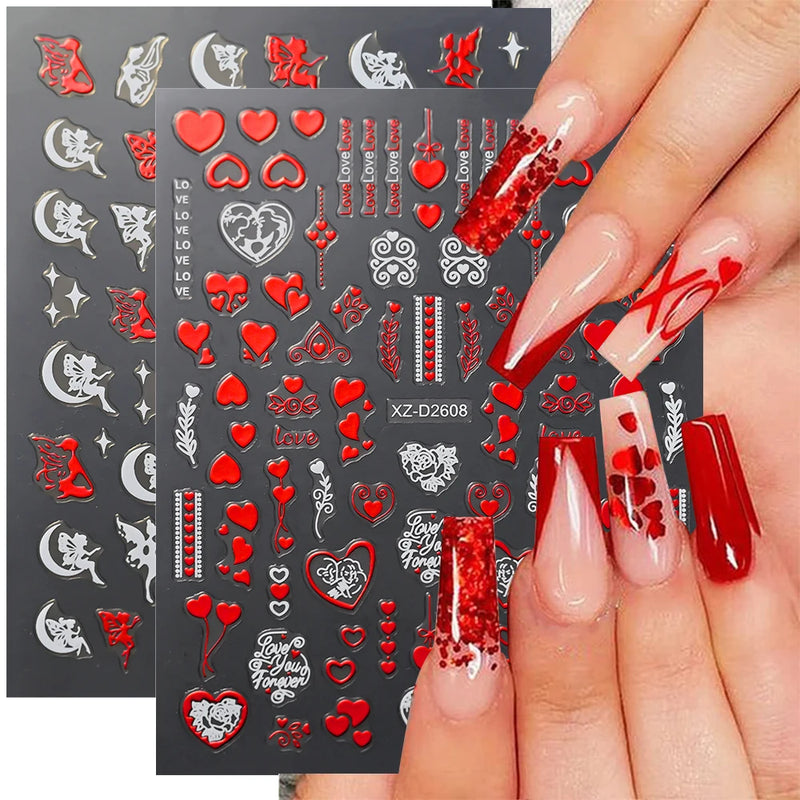 12pçs adesivos de unhas de coração vermelho dos namorados 3d carta de amor lábios vermelhos rosa design decalques deslizantes para amantes adesivos decoração de arte de unhas