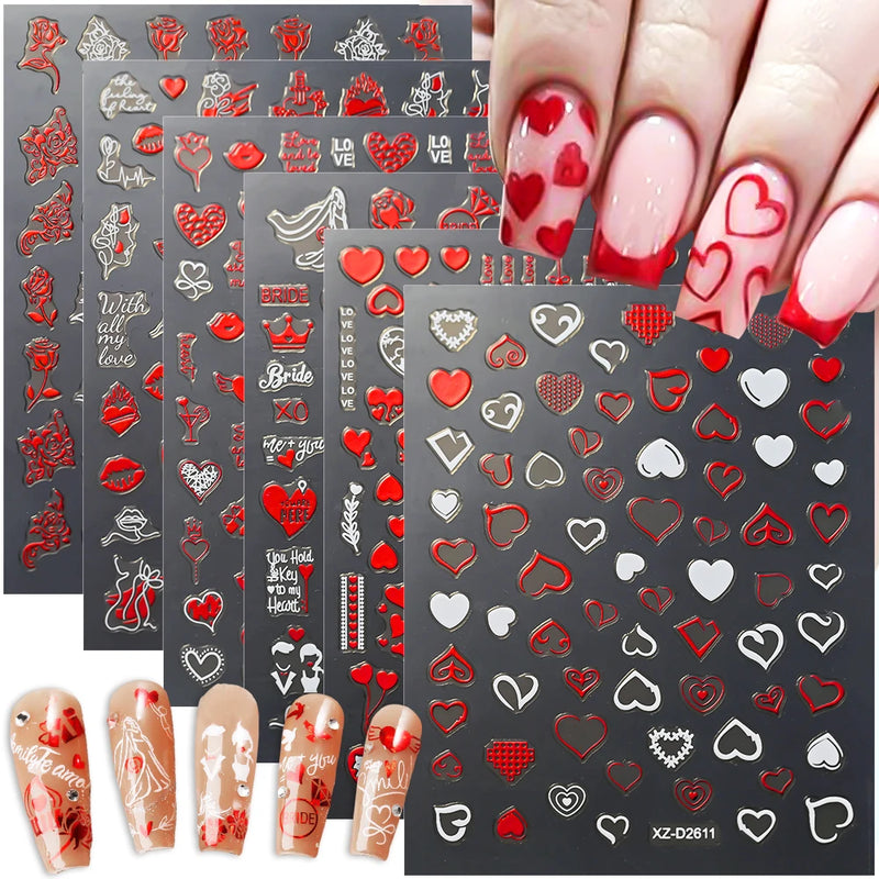 12pçs adesivos de unhas de coração vermelho dos namorados 3d carta de amor lábios vermelhos rosa design decalques deslizantes para amantes adesivos decoração de arte de unhas