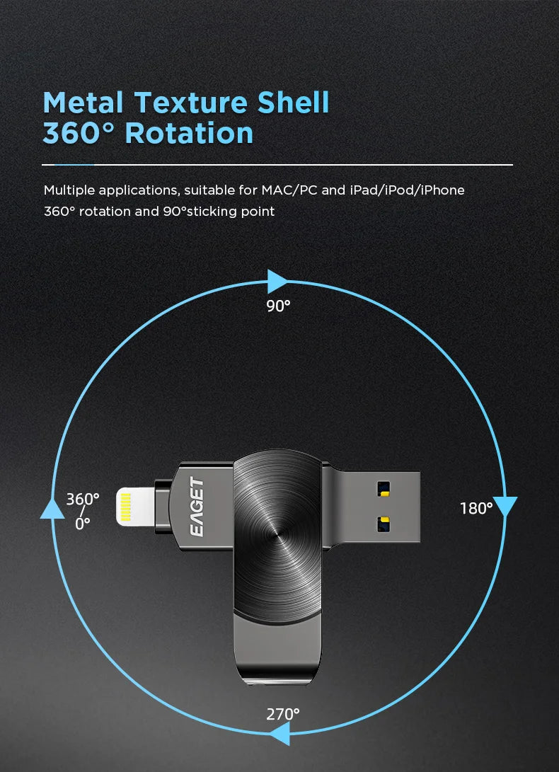 Eaget USB Flash Drive MFi Iluminação para USB 3.2 Pendrive 64GB 128GB 256GB 1TBUSB Memórias Stick para IPhone IPad PC Telefones Laptops