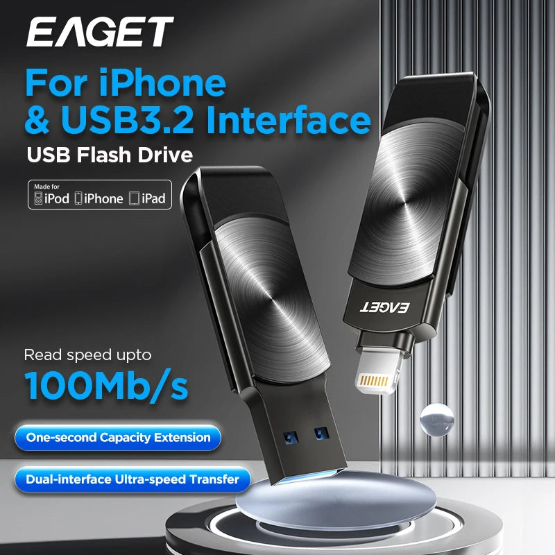 Eaget USB Flash Drive MFi Iluminação para USB 3.2 Pendrive 64GB 128GB 256GB 1TBUSB Memórias Stick para IPhone IPad PC Telefones Laptops