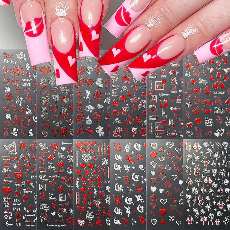 12pçs adesivos de unhas de coração vermelho dos namorados 3d carta de amor lábios vermelhos rosa design decalques deslizantes para amantes adesivos decoração de arte de unhas