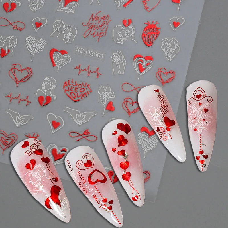 12pçs adesivos de unhas de coração vermelho dos namorados 3d carta de amor lábios vermelhos rosa design decalques deslizantes para amantes adesivos decoração de arte de unhas