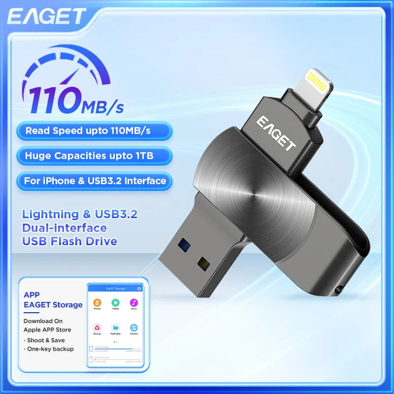 Eaget USB Flash Drive MFi Iluminação para USB 3.2 Pendrive 64GB 128GB 256GB 1TBUSB Memórias Stick para IPhone IPad PC Telefones Laptops