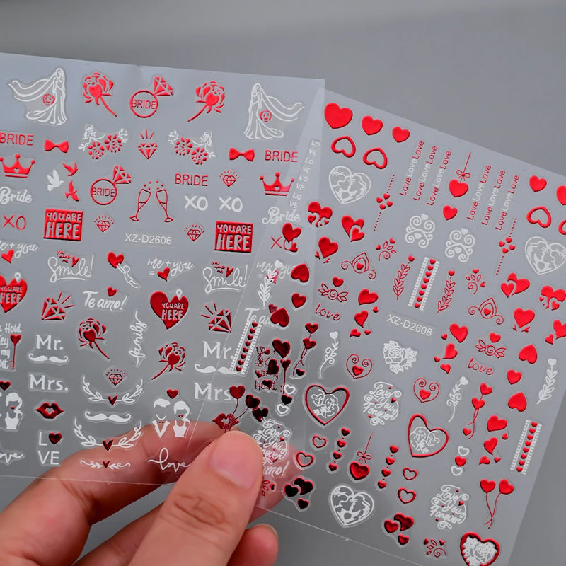 12pçs adesivos de unhas de coração vermelho dos namorados 3d carta de amor lábios vermelhos rosa design decalques deslizantes para amantes adesivos decoração de arte de unhas