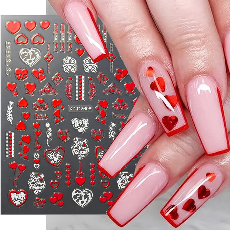 12pçs adesivos de unhas de coração vermelho dos namorados 3d carta de amor lábios vermelhos rosa design decalques deslizantes para amantes adesivos decoração de arte de unhas