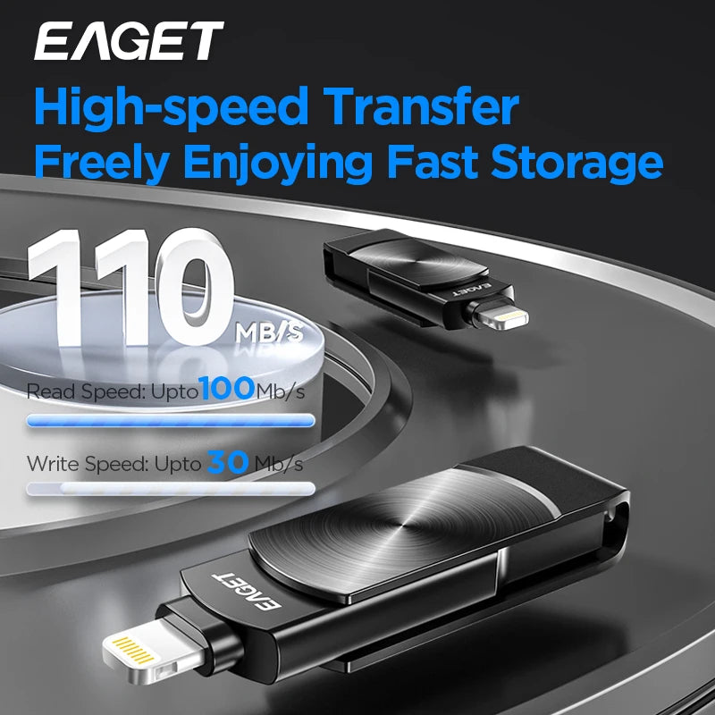 Eaget USB Flash Drive MFi Iluminação para USB 3.2 Pendrive 64GB 128GB 256GB 1TBUSB Memórias Stick para IPhone IPad PC Telefones Laptops