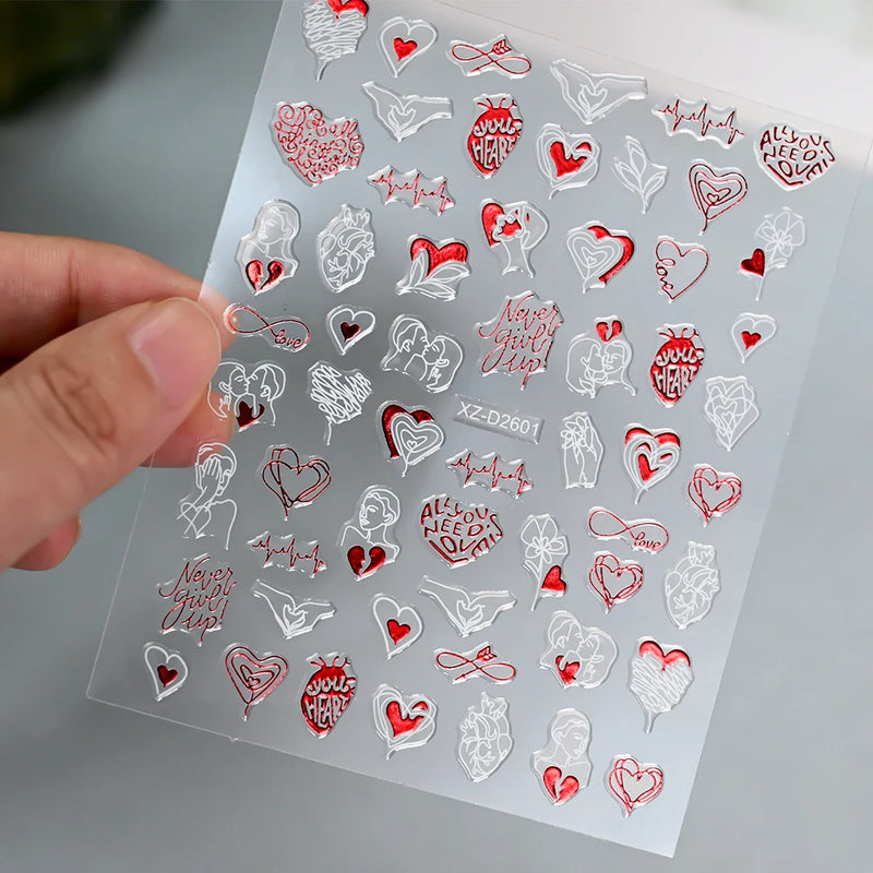 12pçs adesivos de unhas de coração vermelho dos namorados 3d carta de amor lábios vermelhos rosa design decalques deslizantes para amantes adesivos decoração de arte de unhas